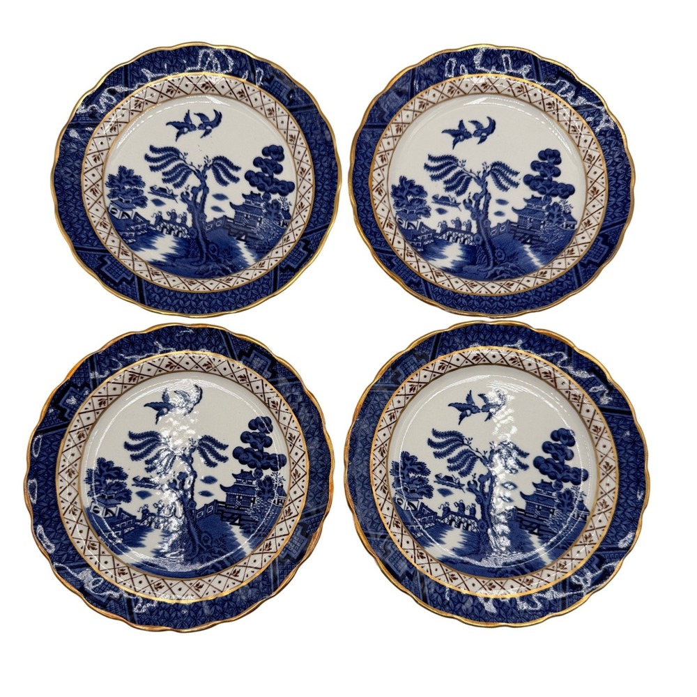 (4) Booths Bread and Butter Plates Real Old Willow 6.25" Blue Gold Set Vintage
